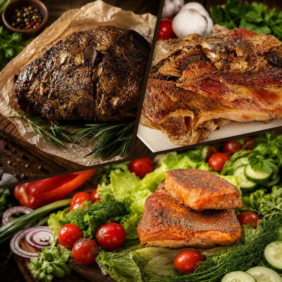 Carved roast beef, hog roast and seasoned fillets laid out with fresh salad and herbs